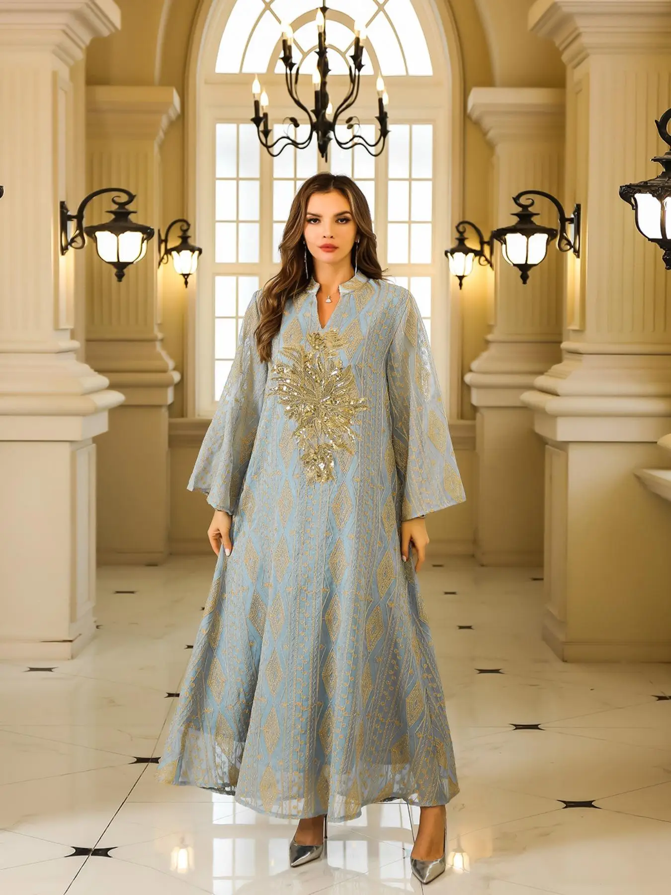 Women's Glitter Sequin Embroidery Long Abaya, Elegant Fashion Long Sleeve Open Front Dress for Daily Wear, Ladies Islamic Clothing for All Seasons