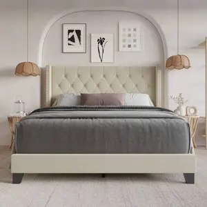 Tufted Upholstered Panel Bed Frame With Wingback Headboard Brown Faux Leather Cloud Sectional Sofa Modular Corduroy Design Storage