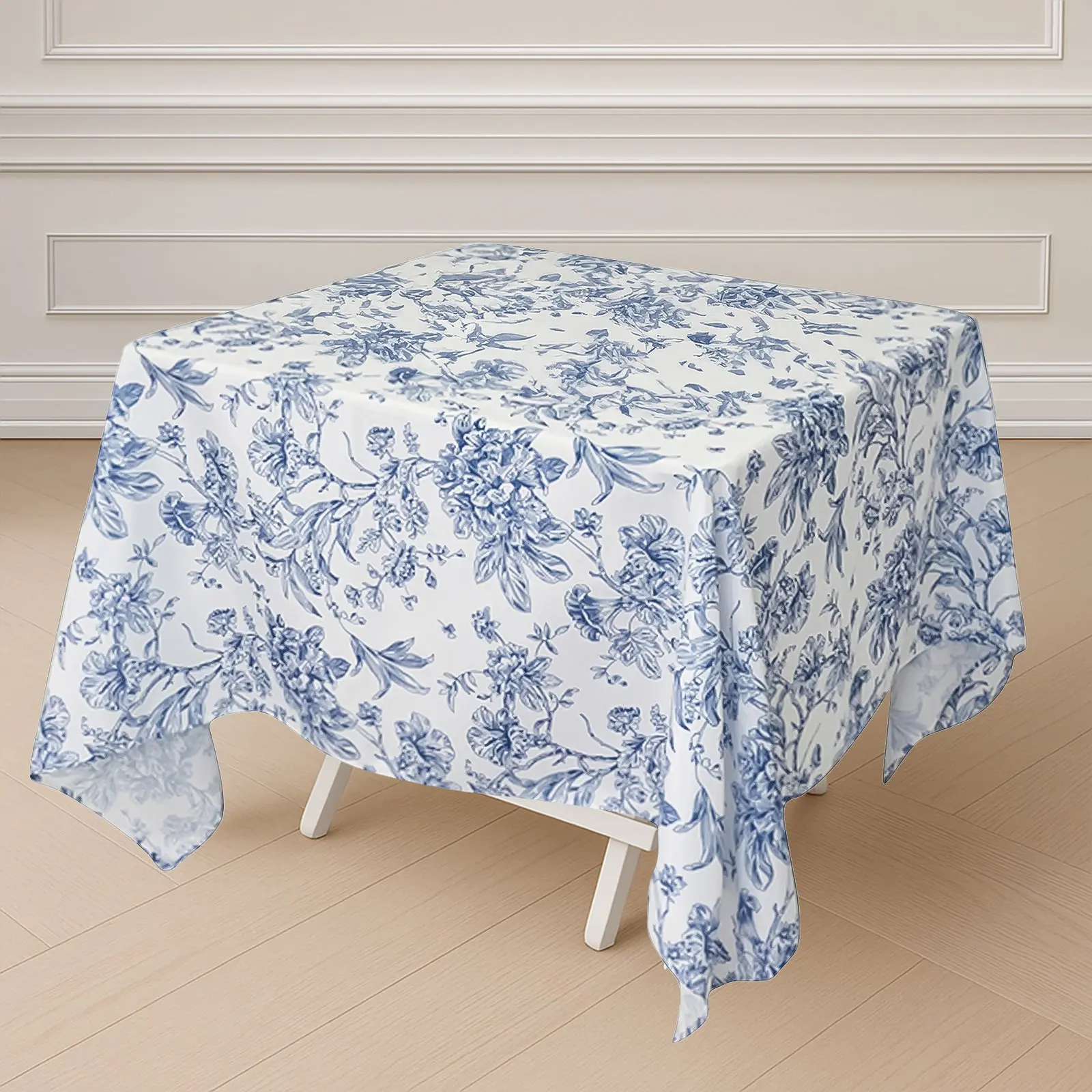 Polyester Square Tablecloth  70"x70" White with Blue French Toile Pattern - Sophisticated Table Cover for Chic Weddings & Events