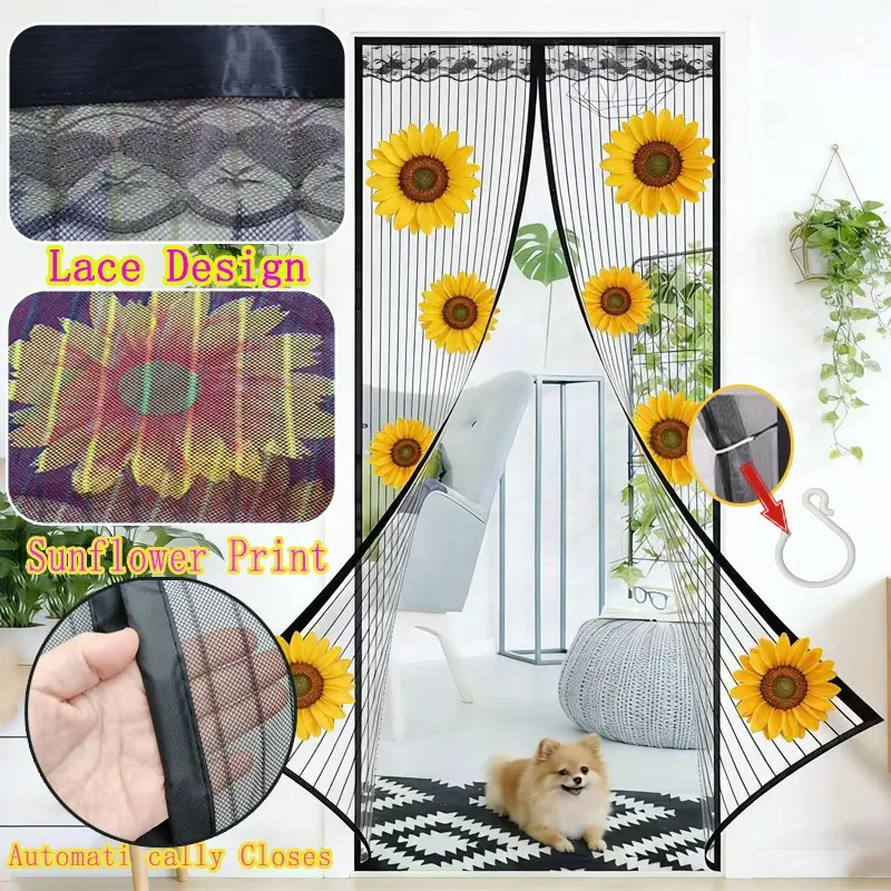 Magnetic Closure Curtain, Automatic Closing, Mosquito Proof, Breathable, Sunflower Print, Lace Edge, Pet Friendly, Fits Various Doors