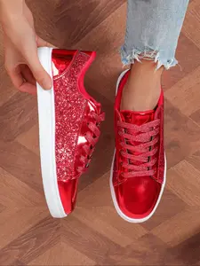 Women's Fashionable Glitter Low Top Sneakers, Casual Comfortable Breathable Sports Shoes, Walking Shoes, Female All-match Round Toe Lace Up Shoes for Daily Wear