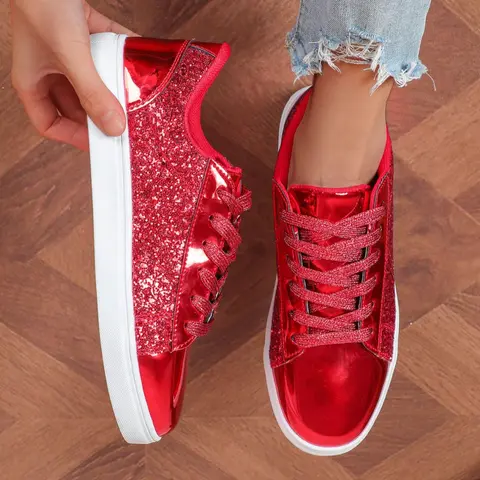 Women's Fashionable Glitter Low Top Sneakers, Casual Comfortable Breathable Sports Shoes, Trendy Walking Sneaker, Walking Shoes, Female All-match Round Toe Lace Up Shoes for Daily Wear, Stylish Sneakers, Lowtop Casual Sneakers