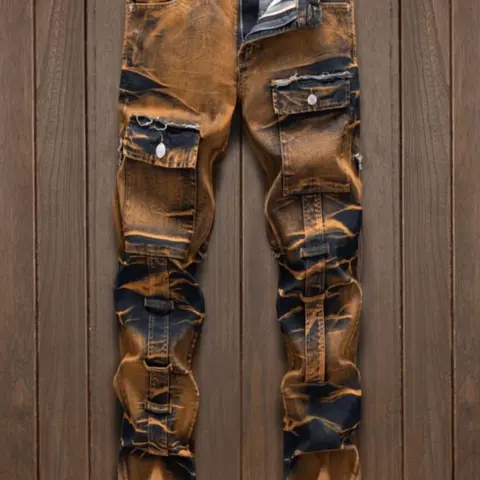 Men's Regular Fit Vintage Pocket Design Jeans, High Quality Jeans, Casual Comfy Denim Pants for Daily Wear, Fashion Men's Bottoms for All Seasons, Cotton, Pockets Cargo Jeans, Ripped Jeans, Cuffed Jean, Ripped Distressed Jean, Streetwear