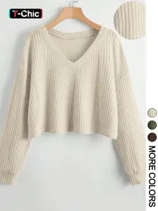 Women's Solid Color V Neck Drop Shoulder Long Sleeve Casual Loose Waffle Knit T-Shirt, Basic Spring & Fall Fashion, Comfortable Fit, Womenswear Knitwear Lady