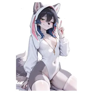 Cute Wolf Girl Bunny Hoodie Vinyl Sticker, Fantasy Anime Creature Decal, Soft Kawaii Character Art for Laptop, Water Bottle, Phone, Journal Decor