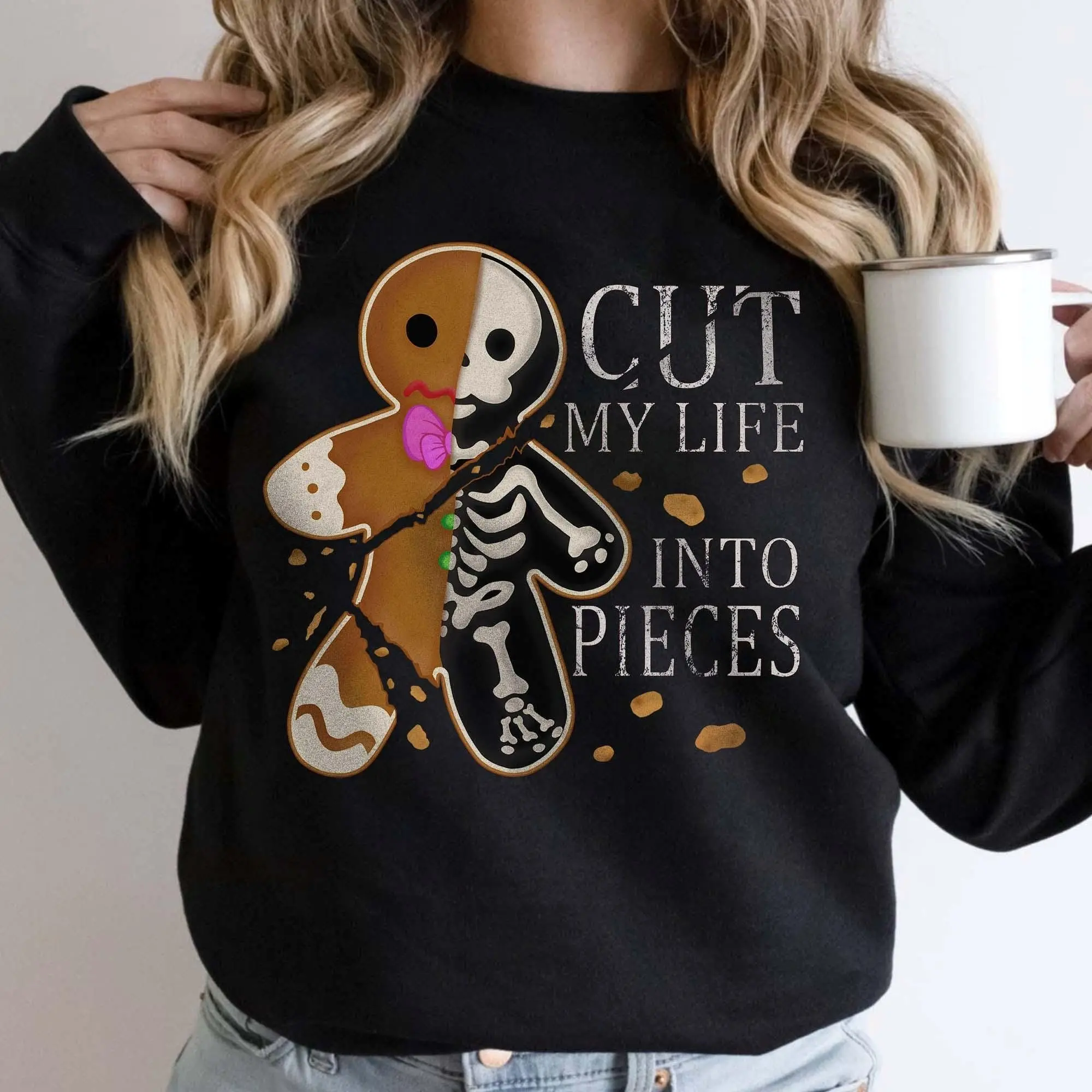 Cut My Life Into Pieces Gingerbread Christmas Sweatshirt, Elder Emo Christmas Shirt, Goth Black Aesthetics, Emo Creepmas Christmas Sweater Cotton Crewneck Sweater Womenswear Tops Women Lady