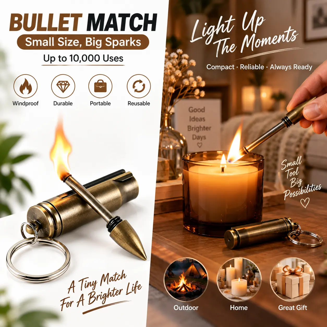 Bullet-Shaped Match Keychain, Compact Reusable Metal Design with Key Ring, Portable Pocket Accessory for Camping, Travel & Everyday Carry