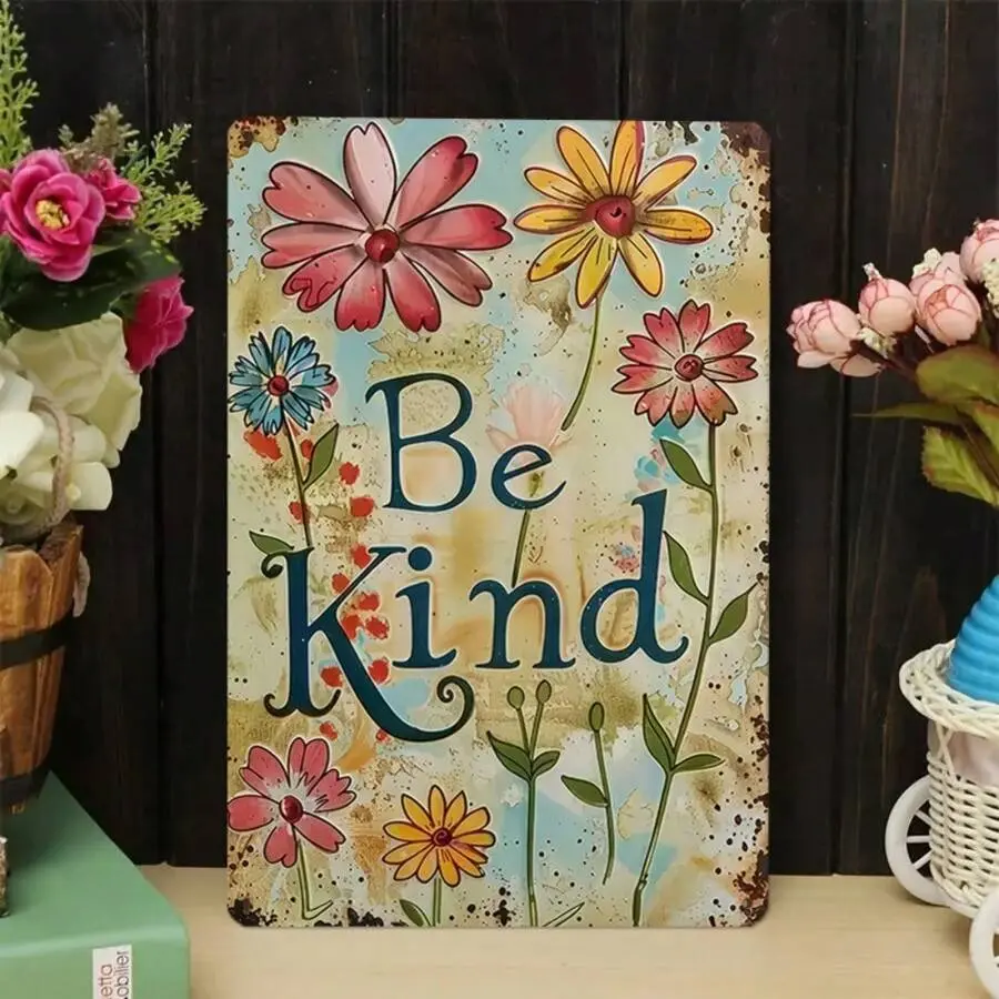 1PC Iron Floral Hanging Decor Sign, "Be Kind" Inspirational Quote Room Decor, Eco-Friendly 8x12 In/20x30 Cm Positive Wall Art for Bedroom, Office