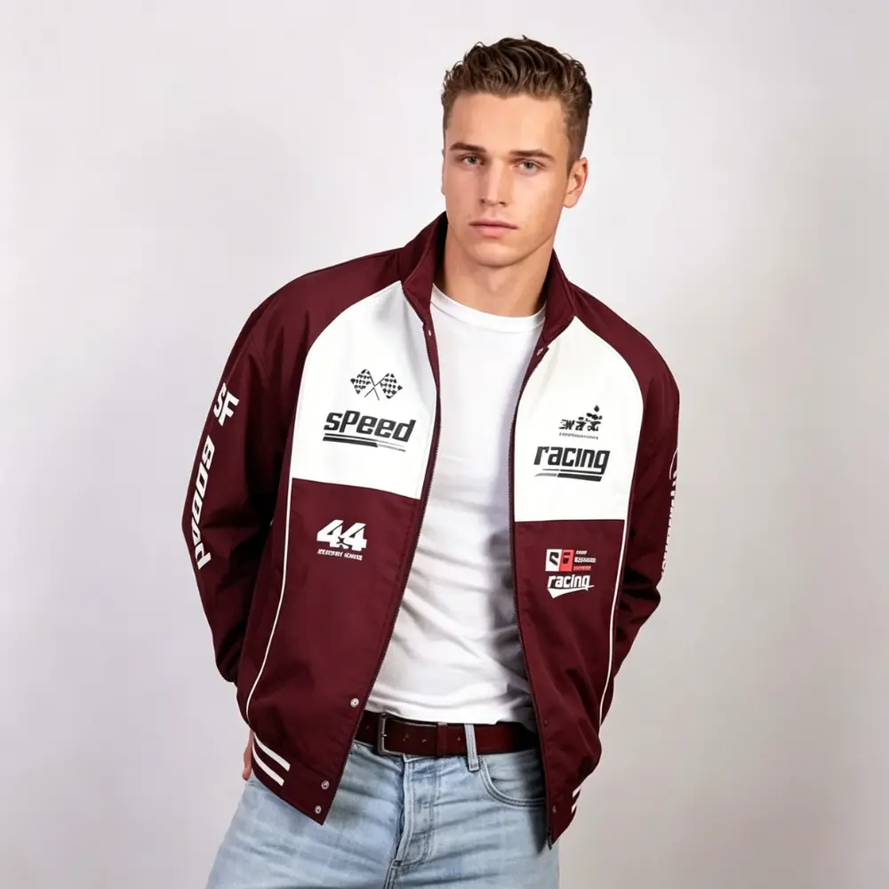 American vintage burgundy and white color-block stand collar racing jacket with racing-themed letter and number prints—trendy and stylish with a premium feel. Crafted from windproof fabric that’s durable, wrinkle-resistant, and wear-resistant; relaxed fit