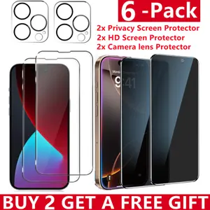 6 Pack For iPhone 17 Pro Max 16 15 14 13 12 11 Tempered Glass Privacy Screen Protector & HD Screen Protector & Camera Lens Protector