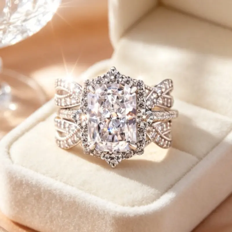 Radiant Square Cut Stackable Ring Set For Women, Halo Promise Engagement Ring With Matching Wedding Band, Bridal Statement Jewelry For Proposal Anniversary Gift