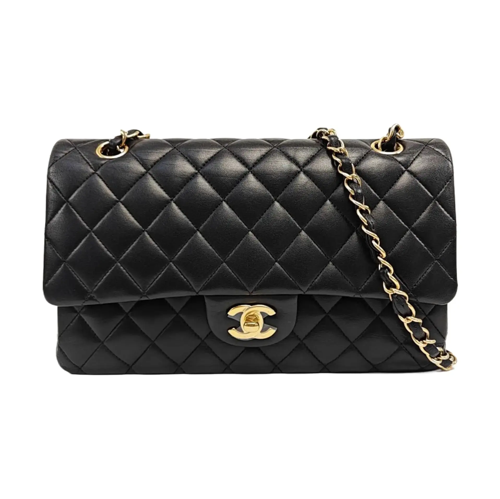 Pre-owned CHANEL leather Shoulder Bags Classic Flap Medium Size In Black Lambskin With Gold Tone Hardware
