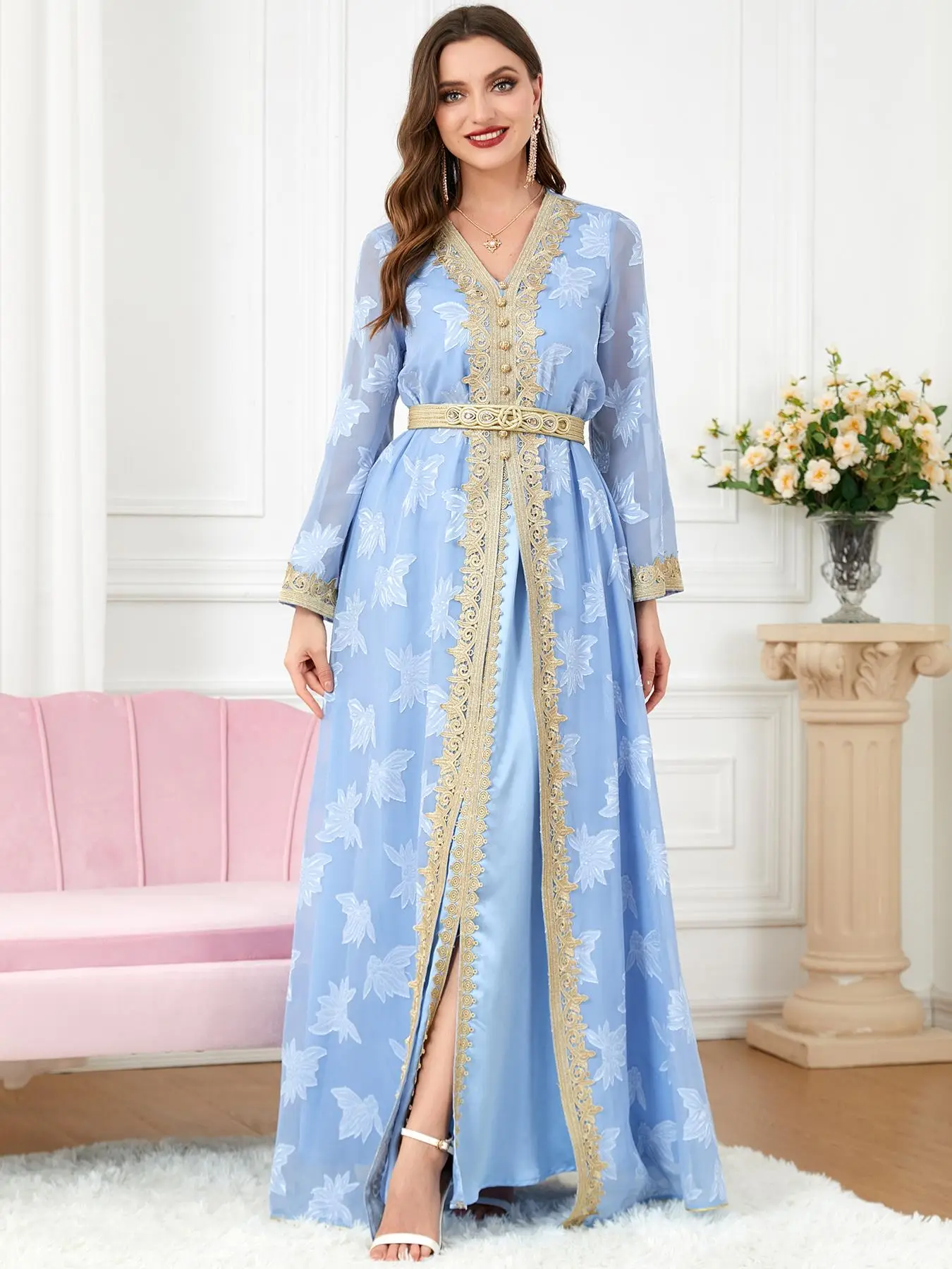 Women's Appliques Button Long Sleeve V Neck Belted Split Dress Set, Asian Suits Eid, Chic Modesty Elegant Maxi Dress, Spring & Fall Arabian Clothes fo