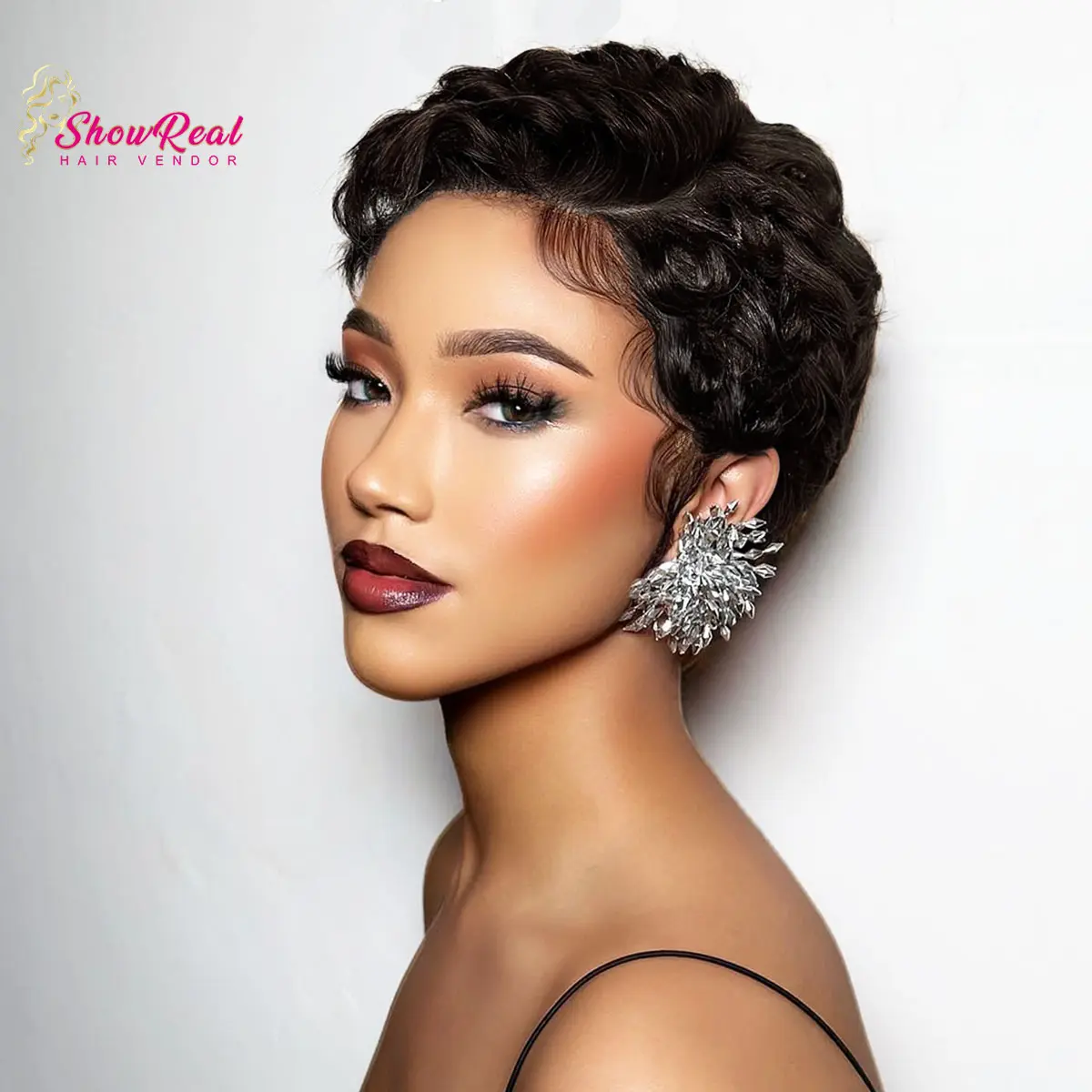 [New In]ShowReal 13x4 Lace Front Pixie Cut Wig – Human Hair Short Wavy Wig – Vintage Retro Curly Pixie with Natural Hairline