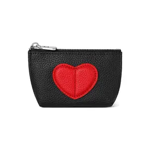 Heart-Shaped Mini Coin Purse – Cute Keychain Wallet for Women, Small Zipper Card Holder for Coins, Cash & Keys, Everyday Essential, Black with Red Heart Design