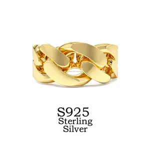 Unisex Cuban Link Ring 925 Sterling Silver 14K Gold Plated, Bold Chain Ring Stackable Jewelry for Men Women, Everyday Statement Ring Perfect Gift