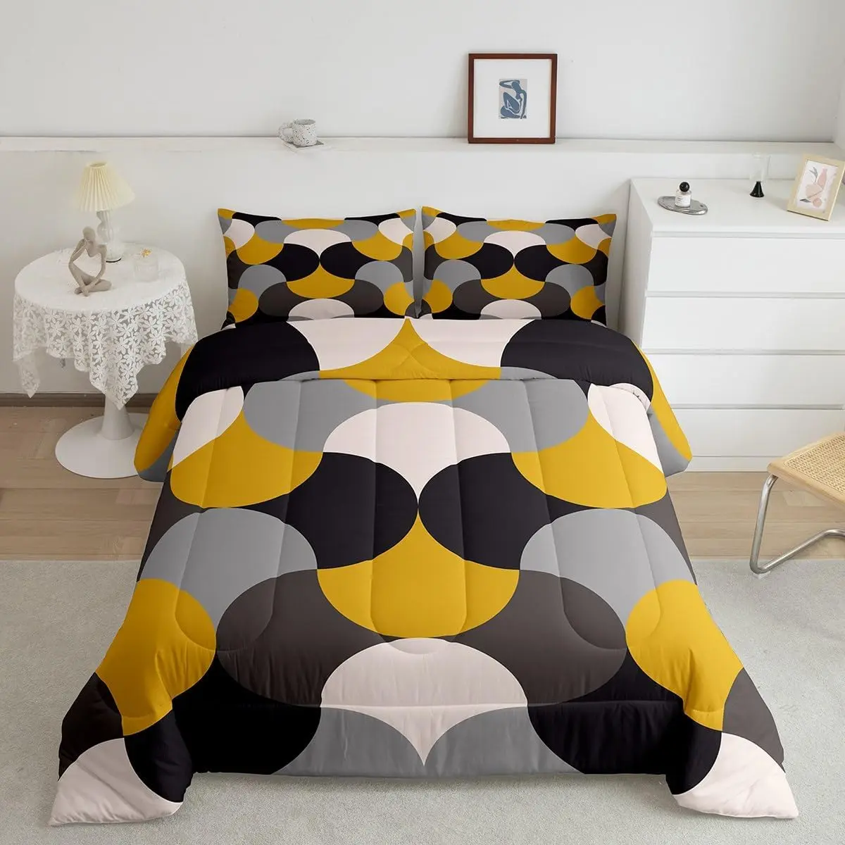 Feelyou Geometric Print Luxury Bedroom Bedding Set - Yellow Grey Black Designer Comforter, Modern Art Breathable Decorative Duvet Set (Twin, Queen Sizes), Breathable Duvet Set