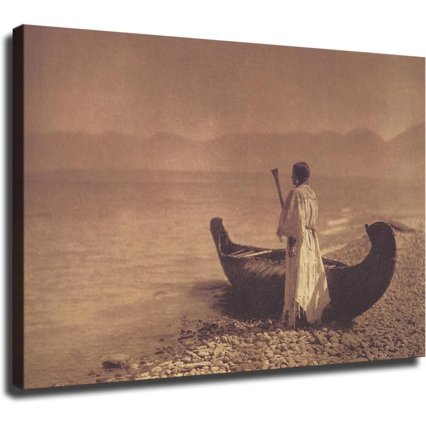 A Woman with A Canoe Painting Black and White Native American Cultural Portrait Poster Wall Art Canvas Painting Picture Print Living Room Bedroom Decor (12x8inch)