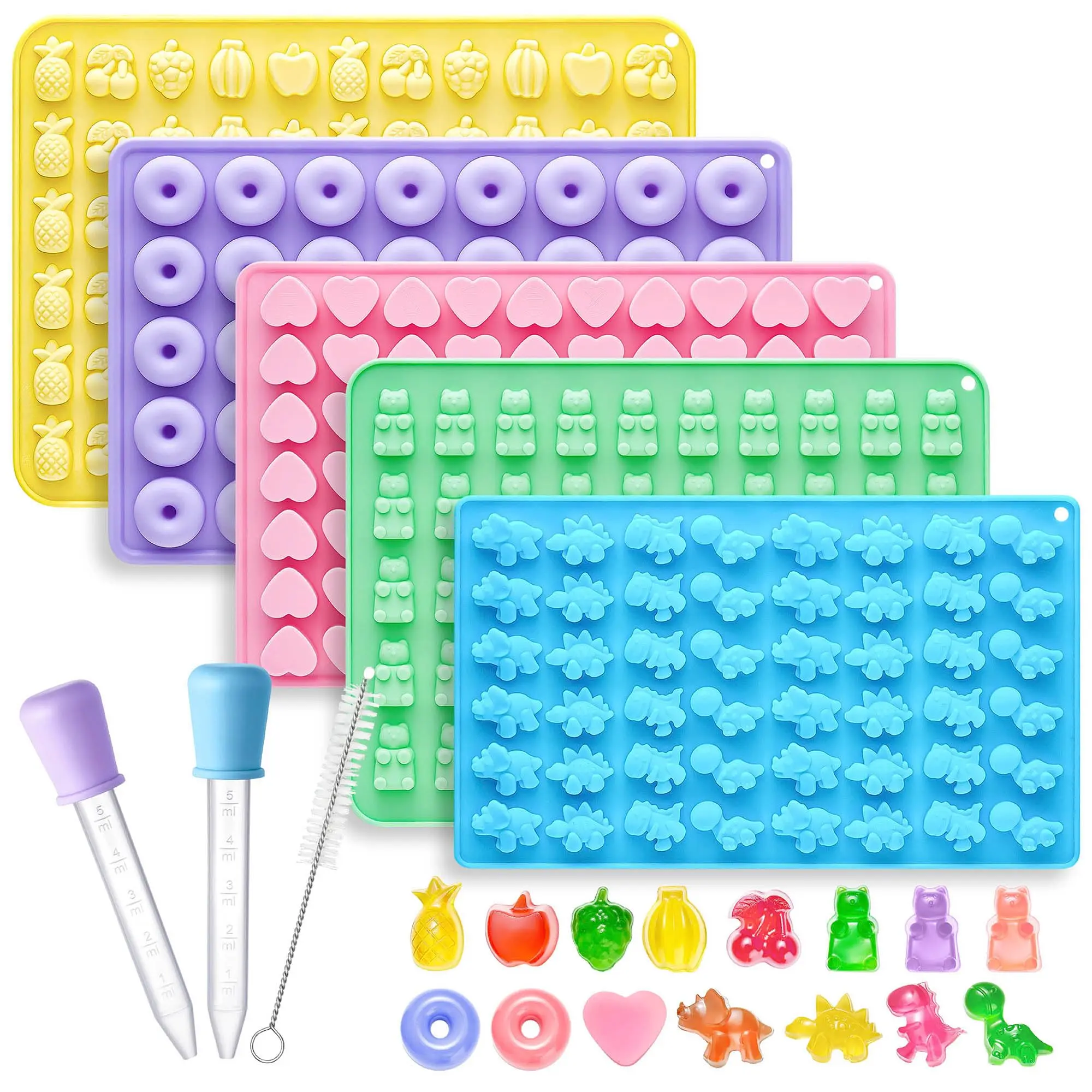 Silicone Gummy Molds Set of 5, Non-stick Candy Chocolate Molds with 2 Droppers 1 Clean Brush, Includes Dinosaur Bear Donut Fruit Heart Shape