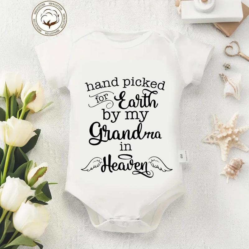 100% Cotton Baby Onesies Hand Picked For Earth By My Grandpa or Grandma In Heaven Letter Print Soft Versatile Round Neck Baby Onesies