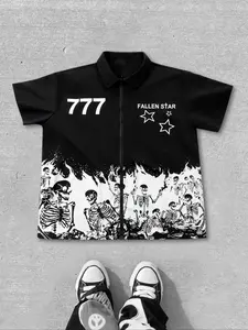 Men's Skull & Star Print Zip Up Shirt, Loose Casual Street Short Sleeve Collared Top for Daily Wear, Fashion Men's Clothes for All Seasons, Menswear, Casual Comfy Shirt, Casual Style Shirt