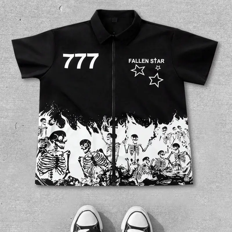 Men's Skull & Star Print Zip Up Shirt, Cool Streetwear Shirt, Loose Casual Street Short Sleeve Collared Top for Daily Wear, Men's Clothes for All Seasons, Casual Stylish Menswear, Casual Graphic Shirt, Casual Street Style