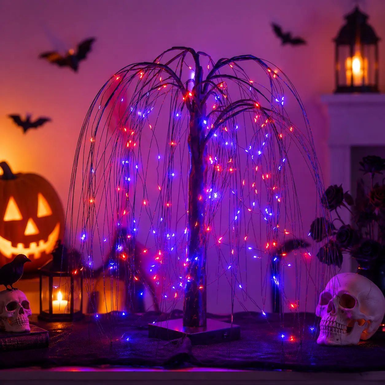 Halloween Tree Lights, 24 Inch Lighted Willow Tree with 192 LED Purple Orange Lights, Spooky Halloween Decorations for Home, Haunted House Party Decor, Tabletop Tree for Fireplace Mantel, Living Room, TV Stand & Entryway