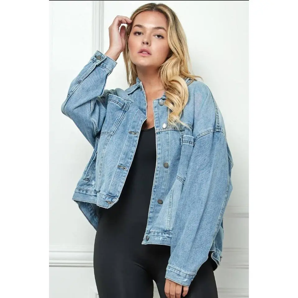 Plus Size Oversize Pleated Back Color Denim Jacket
