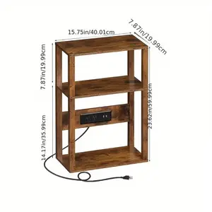 Narrow Wood Side Table with Charging Station - Slim Bedside Table with USB Ports & Power Outlets, Rustic Brown End Table with Storage for Small Spaces (Engineered Wood)