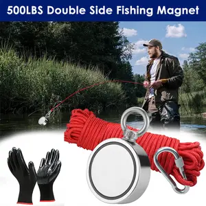 Heavy-duty Magnet, Double Side Fishing Magnet, 500LBS Strong Magnetic Fishing Magnets, Rare Earth Magnet with Countersunk Hole Eyebolt Rope & Carabiner for Retrieving Items in Lake, Beach, Lawn