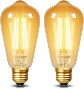 E26 Edison Bulbs 60W, 2200K Amber Warm, 6W LED Edison Bulb ST64, Amber Glass, Vintage LED Light for Home, 600LM, Non-, CRI 80, Pack of 2