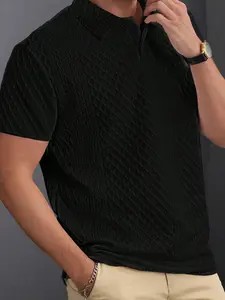 Men's Summer Plain Textured Jacquard Polo Shirt, Breathable Fitted Short Sleeve T-Shirt, Luxurious High-End Feel