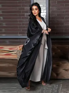 1Pc Black Satin Open Abaya, Women Oversized Wide Sleeve Long Kimono Robe, Luxury High‑End Modest Wear For Daily & Evening Occasions