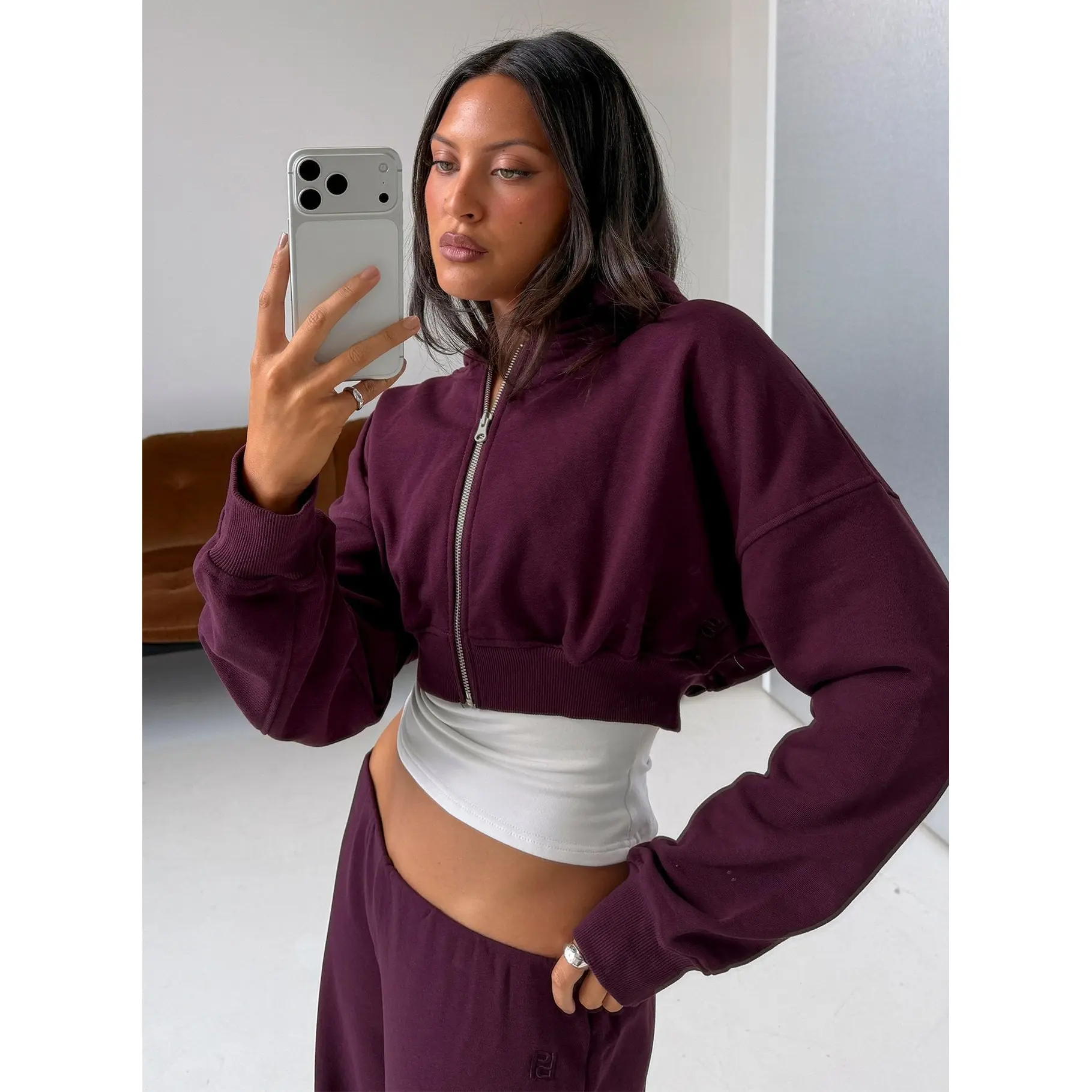 Lanna Fleece Zip Through Cropped Hoodie Plum