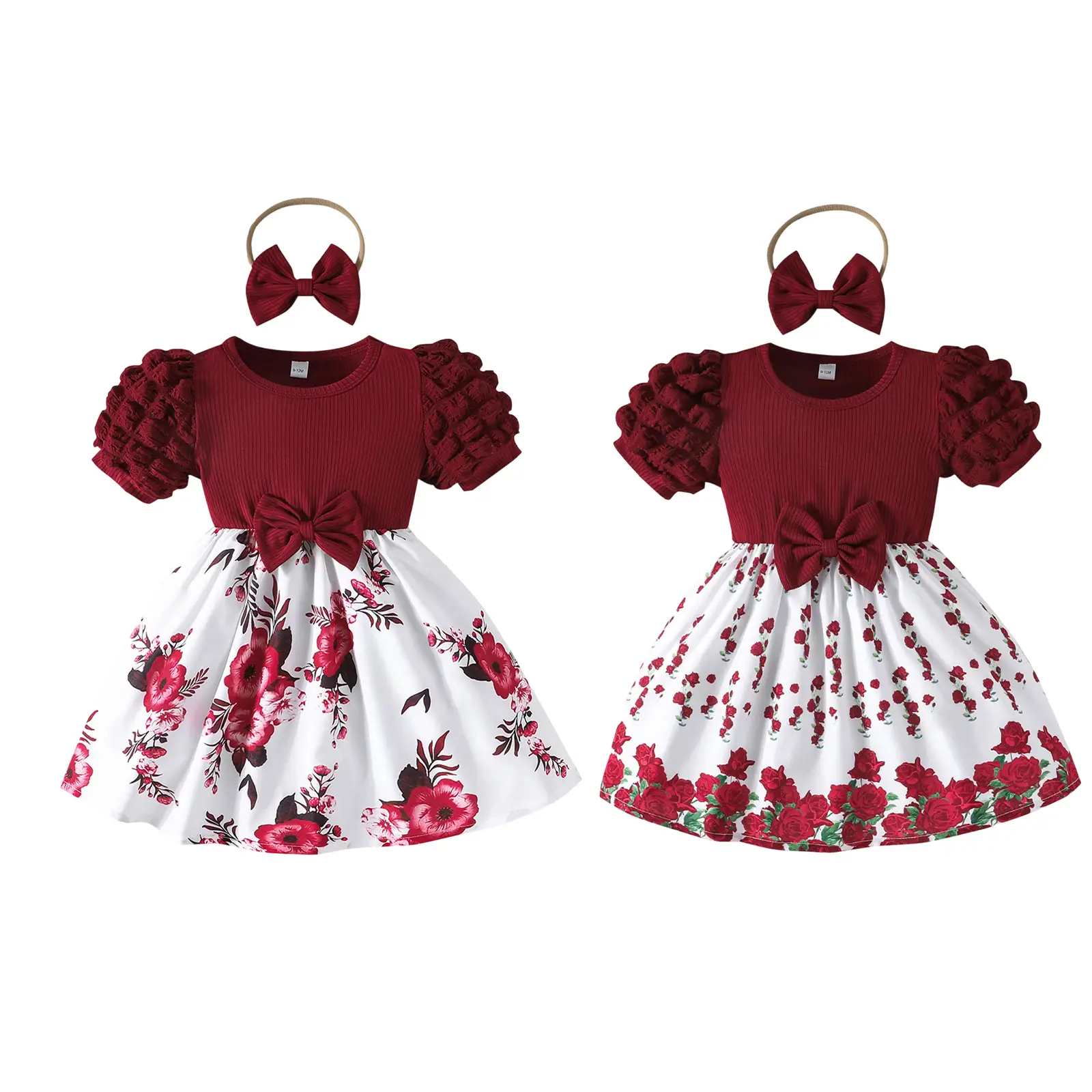 Toddler Baby Girl Summer Outfit Flower Print Puff Sleeve A-line Dress Bow Headband 2 Piece Set 6M-3Y