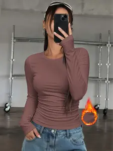 Women's Casual Fitted Thermal Warm Underwear Top, Classic Round Neck Crewneck Long Sleeve Shirt, Solid Color Simple Base Layer, Suitable for Home & Outdoor Wear