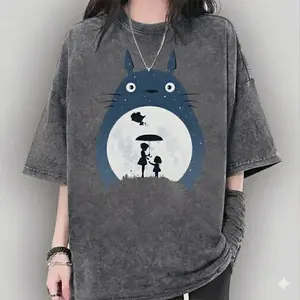 Totoro Washed T-Shirt Anime Oversized Vintage Graphic Tee Studio Ghibli Princess Mononoke Shirt Y2K Japanese Streetwear Top Gift for Anime Lovers Charcoal Black