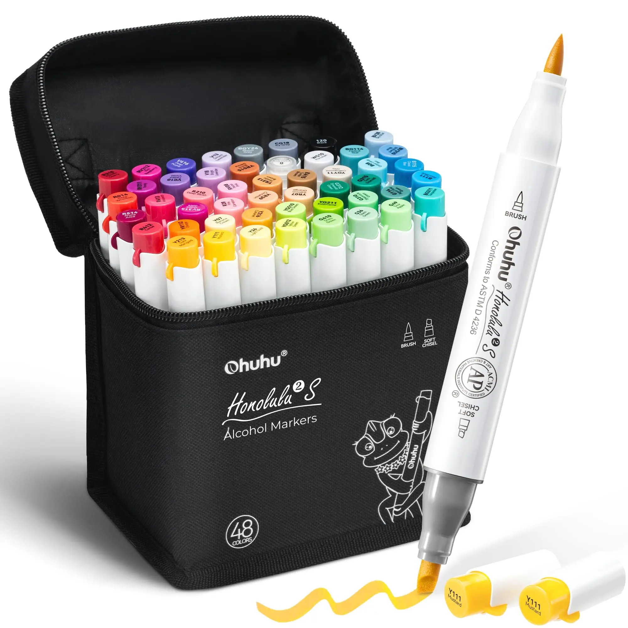 Ohuhu Alcohol Markers: Brush & Soft Chisel - 36 / 48 Colors - AP Certified - Refillable - Dual Tips Drawing Markers for Artists Beginners Adults Cozy Coloring Illustration Sketching - Honolulu 2S Series of Ohuhu