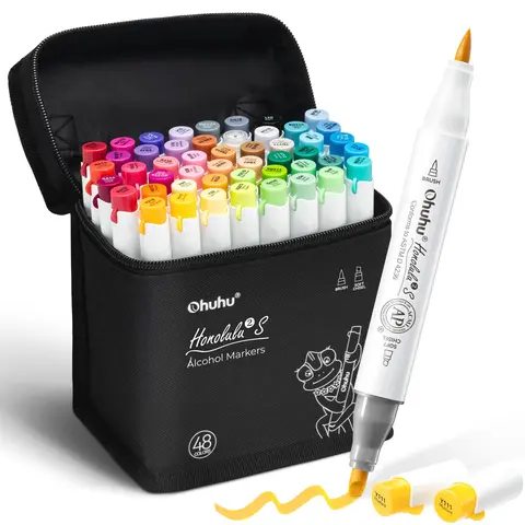 Ohuhu Alcohol Markers: Brush & Soft Chisel - 36 / 48 Colors - AP Certified - Refillable - Dual Tips Drawing Markers for Artists Beginners Adults Cozy Coloring Illustration Sketching - New Look - Honolulu 2S Series of Ohuhu