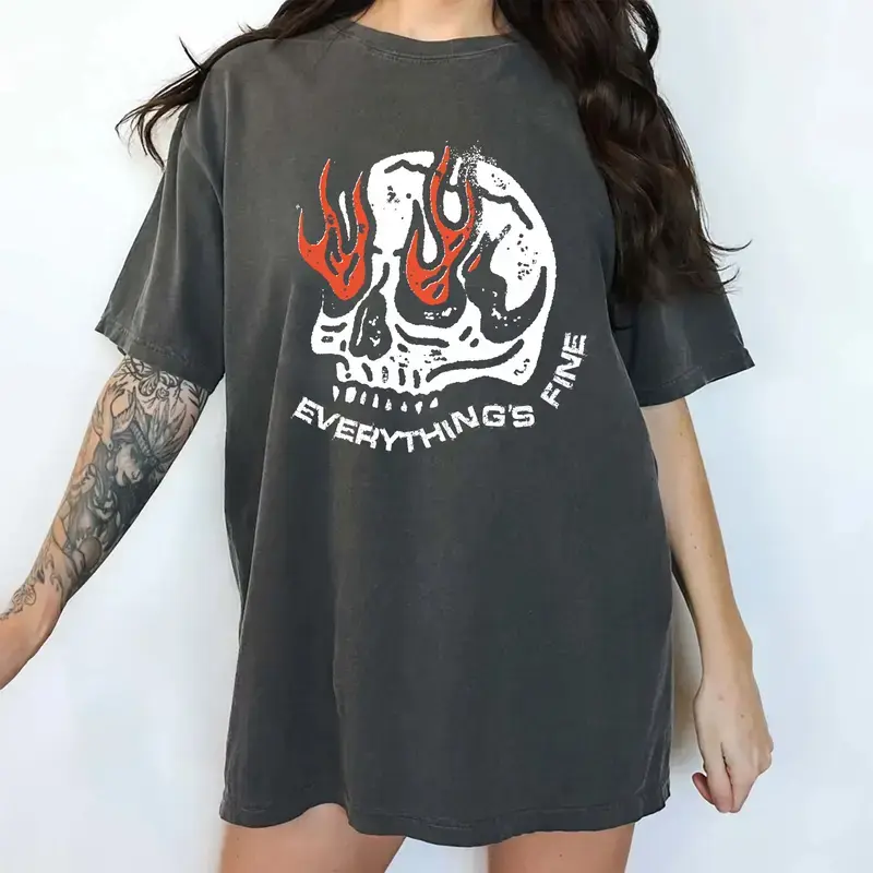 Comfort colors Everything Is Fine Skull Shirt, Fire Skull Tee, Rock n Roll Grunge Style, Funny Shirt, Gothic Skull Shirt