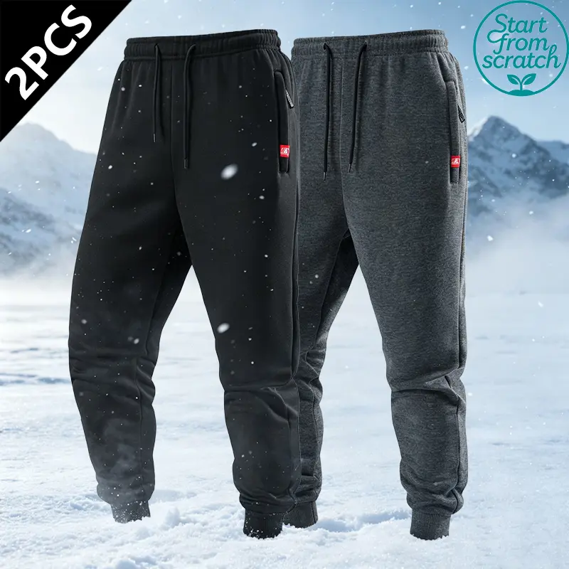 2-pack men’s autumn/winter fleece-lined warm sports pants with zippered pockets and a drawstring waist; solid-color casual sports pants suitable for running, workouts/fitness, and outdoor activities; sports pants, fitness apparel