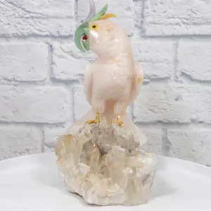Hand Carved Rose Quartz Parrot, on Crystal Base