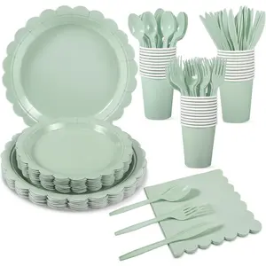 175 Pcs Party Plates and Cups and Napkins Sets, 9" Paper Plates, 7" Dessert Plate, 9oz Cups & Cutlery, 25 Guest Scalloped Sage Green Party Supplies for Wedding, Disposable tableware set