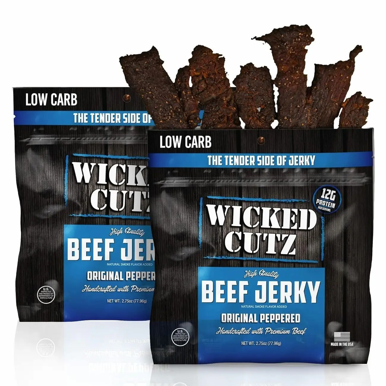 Wicked Cutz Original Peppered Beef Jerky, 36g Protein Per Bag, Tender & Easy to Chew Alternative to Beef Sticks, USA Made High Protein Carnivore Snacks (2 Bags)