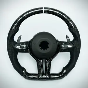 BMW F chassis 2, 3, 4, X1, X2, X3, X4, X5, X6 flat bottom forged carbon steering wheel with carbon trim, perforated leather grip and white center marker
