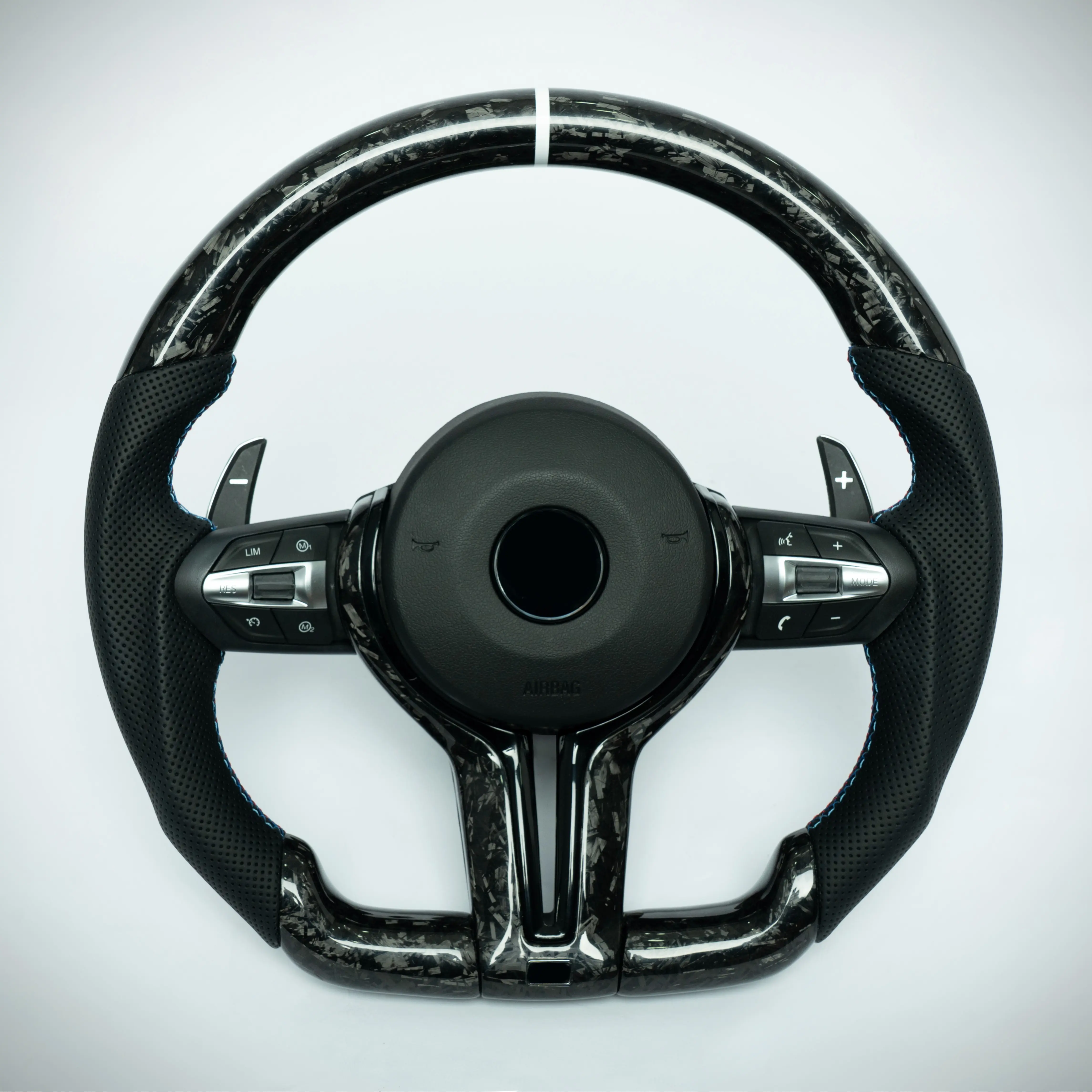 Forged Carbon Flat-Bottom Steering Wheel Setup - Vehicle-Specific for BMW F Chassis 2,3,4,X1,X2,X3,X4,X5,X6, Carbon Trim, Perforated Leather Grip, White Center Marker
