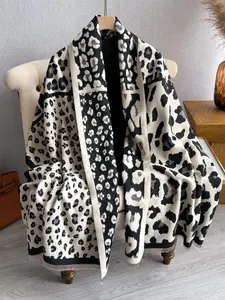 Leopard Print Raw Hem Design Shawl, Casual Soft Warm Thick Scarf for Fall & Winter, Fashion Accessories for Women & Men, Boho Style Scarf
