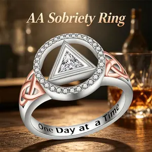 AA Sobriety Rings for Women CZ Alcoholics Anonymous Ring Celtic Knot Stay Sober Gifts AA Addiction Recovery Jewelry Zinc Alloy Triangle Synthetic Zircon Ring Daily Wear Ideal Christmas Birthday Sobriety Anniversary Gift for Women Ladies Size 6-10#
