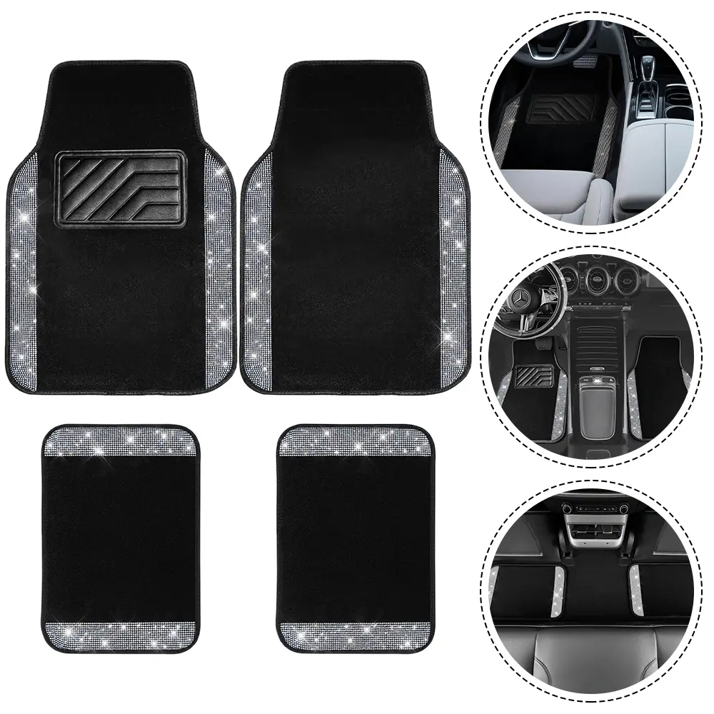 Black Non-Slip Car Floor Mats Full Set - 4 Pcs Sparkling Diamond Printed Carpet, Universal Fit for Most Cars, SUVs, Trucks