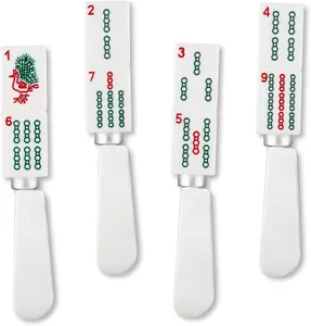 Mahjong Bamboo Tile Cheese Spreaders, Hand-Painted Resin Handles with Stainless Steel Blades for Spreading Cream Cheese, Butter, and Jam, Assorted Designs, Set of 4